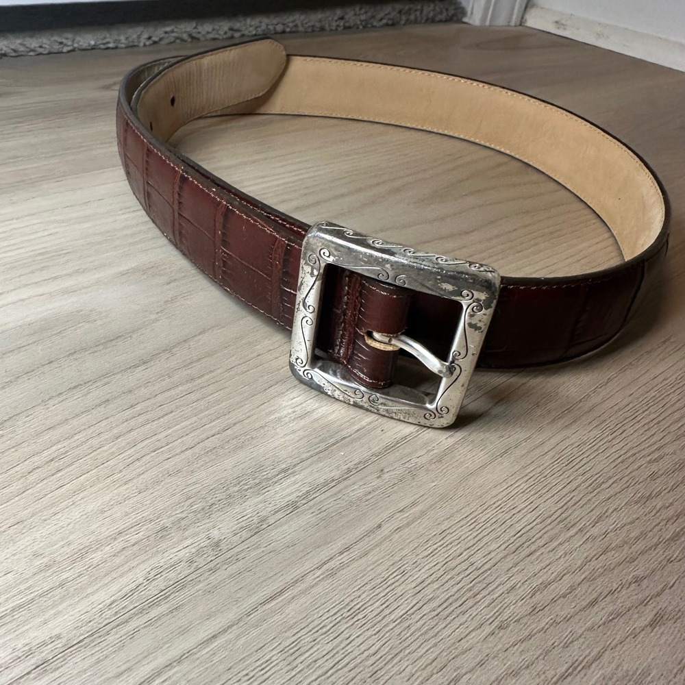 Brighton Brown Croc Embossed Leather Silver Buckle‎ Belt Size 32 Women 45107